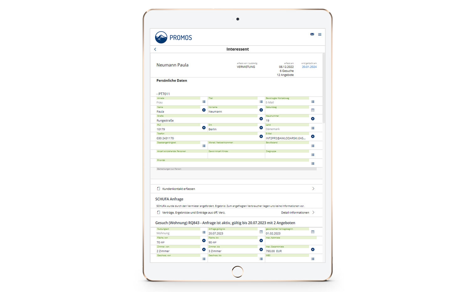 The result of the SCHUFA report is displayed in the detailed information about the potential tenant.  easysquare Vermietungslösung mit Schufa-Auskunft