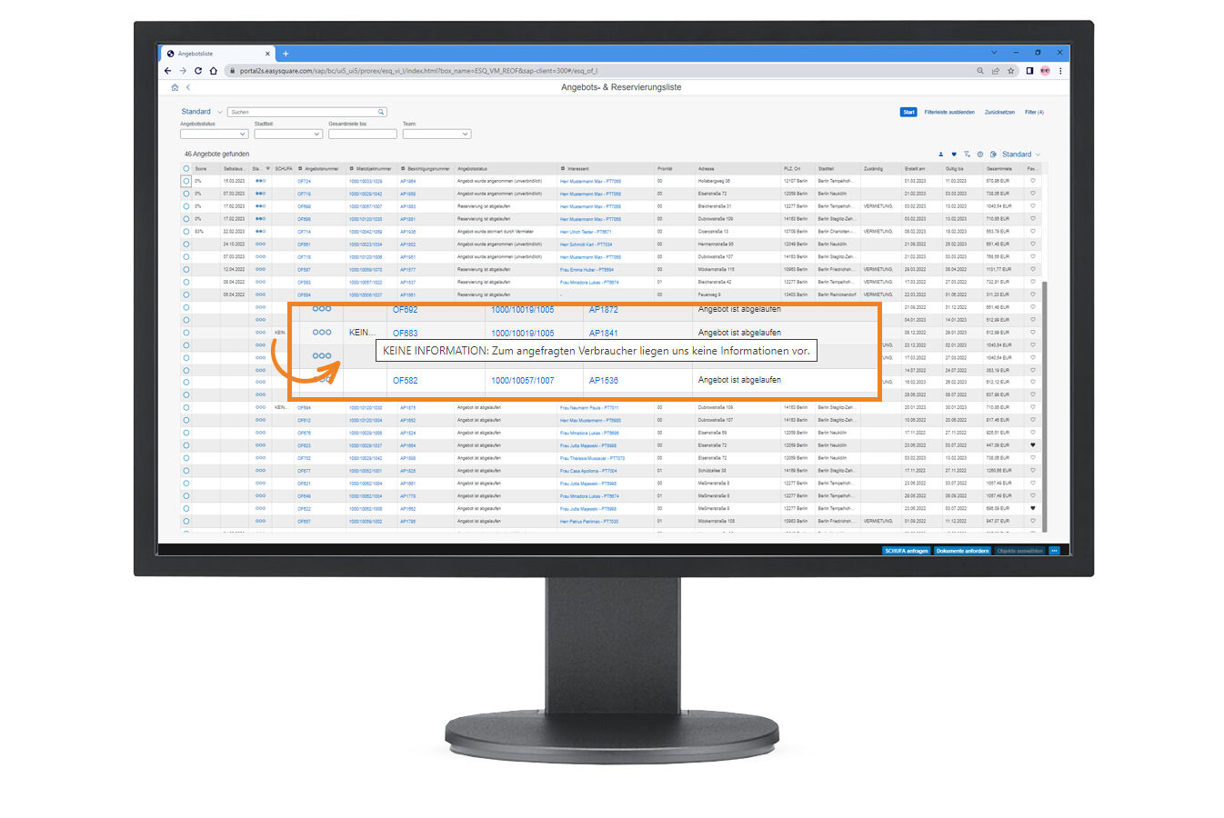 The result of the SCHUFA report can also be viewed directly in the list view.  Status zur Schufa-Auskunft in der easysquare Vermietungslösung