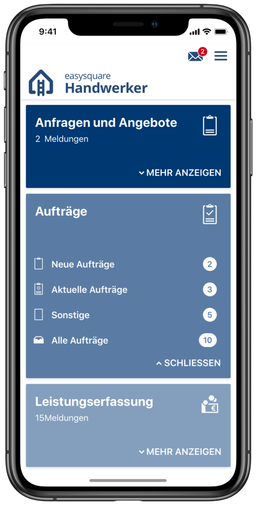 Einfache Verwaltung von Aufträgen und Monteuren in der easy­square Handwerker App 