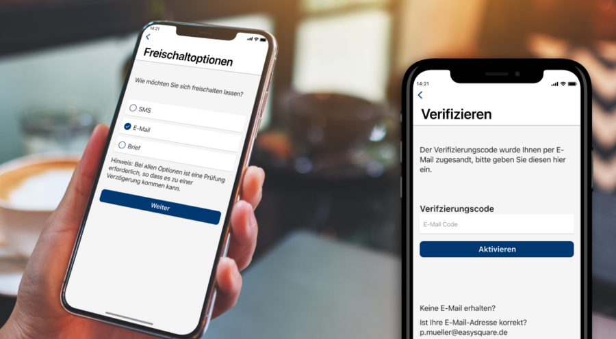 Freischaltung mittels E-Mail in den easy­square Apps