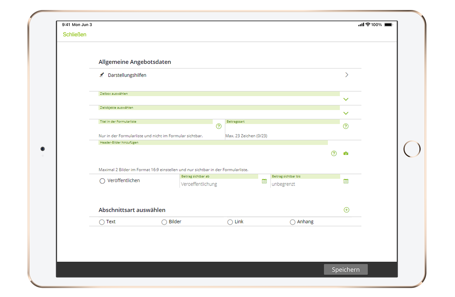 Editing view form Bearbeitungsansicht zur Redaktion von digitalen Pinnwandbeiträgen im easysquare Webportal