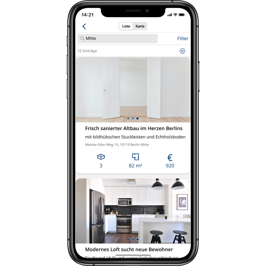 Die Immobiliensuche für Interessenten listet einzelne Objekte auf