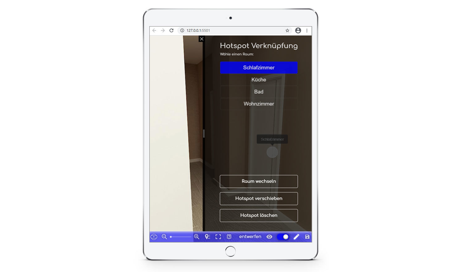 Design Mode: Users of the landlord app can click to place room change points in the room.
