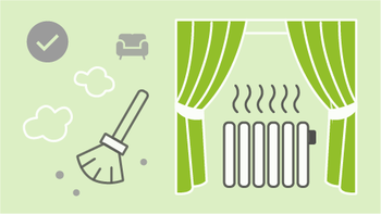 Give your radiators room! To ensure that the heat spreads evenly throughout the room, make sure radiators are not hidden behind curtains or furniture. Cladding, lint and dust can also reduce the heat output. Tip: Around 20 cm should be enough. Freigestellte Heizkörper sorgen für eine optimale Wärmeabgabe