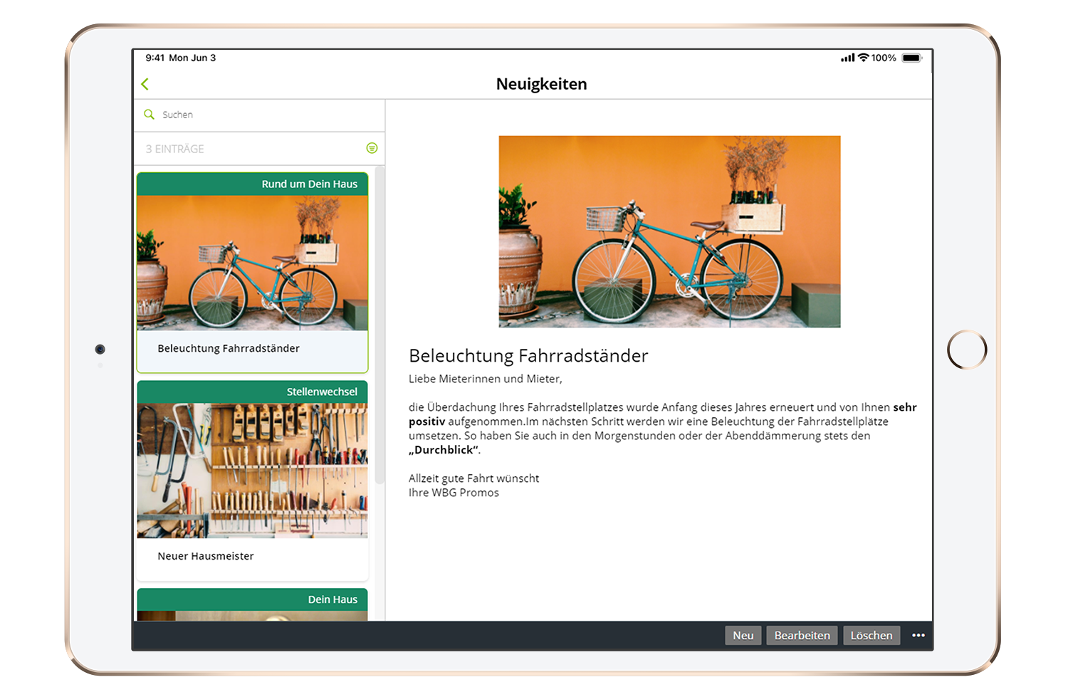 Target Box with menu functions "new", "edit" and "save" Ziel Menü der digitalen Pinnwandbeiträge im easysquare Webportal
