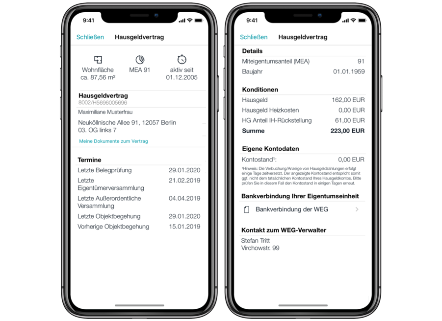 Alle relevanten Informationen sind mit einem Klick abrufbar und Geschäftspartner- und Vertragsstammdaten stehen jederzeit in der Eigentümer-App zur Verfügung