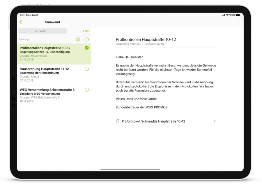 Pinnwandfunktion in der Verwalter-App von easy­square