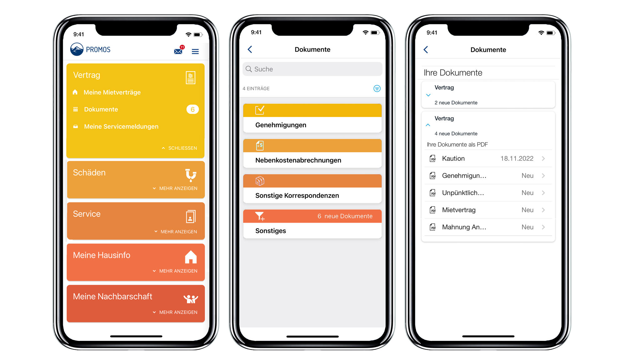 The user can find all of his document types in the respective subject folders in a clear and well-structured manner. Neue Übersichtlichkeit dank der Dokumentenstruktur in der easysquare Mieter-App