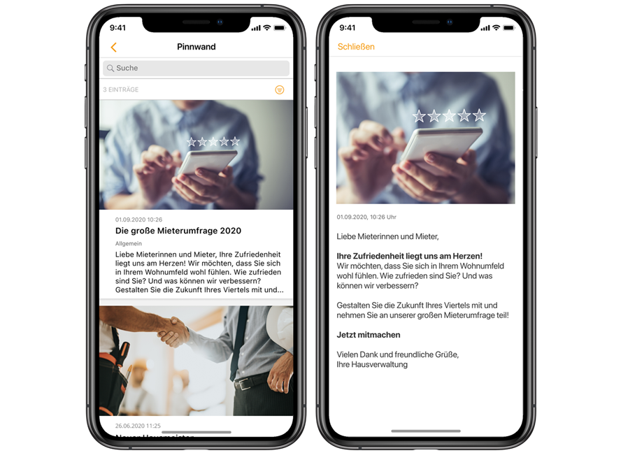Mit der Pinnwandfunktion in der Mieter-App bleiben Mieter immer auf dem Laufenden zu Neuigkeiten, Hausordnungen oder Informationen zum neuen Hausmeister