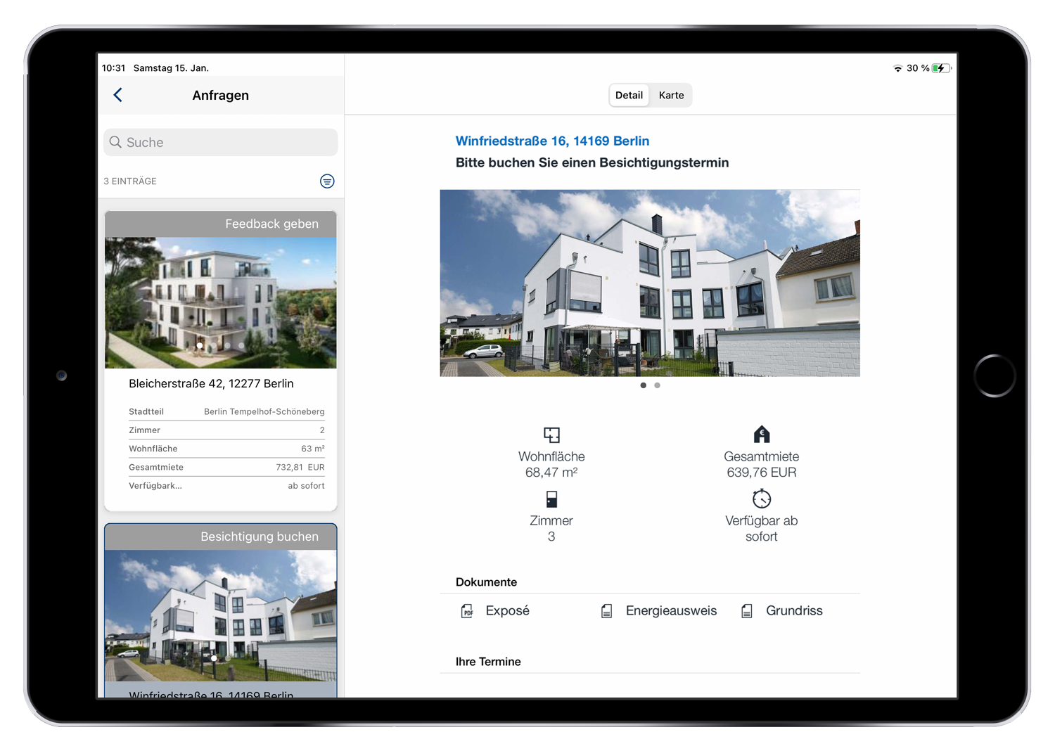 Using the request form all information can be viewed directly, including making and cancelling appointments. Anfrageformular in der easysquare Interessenten-App