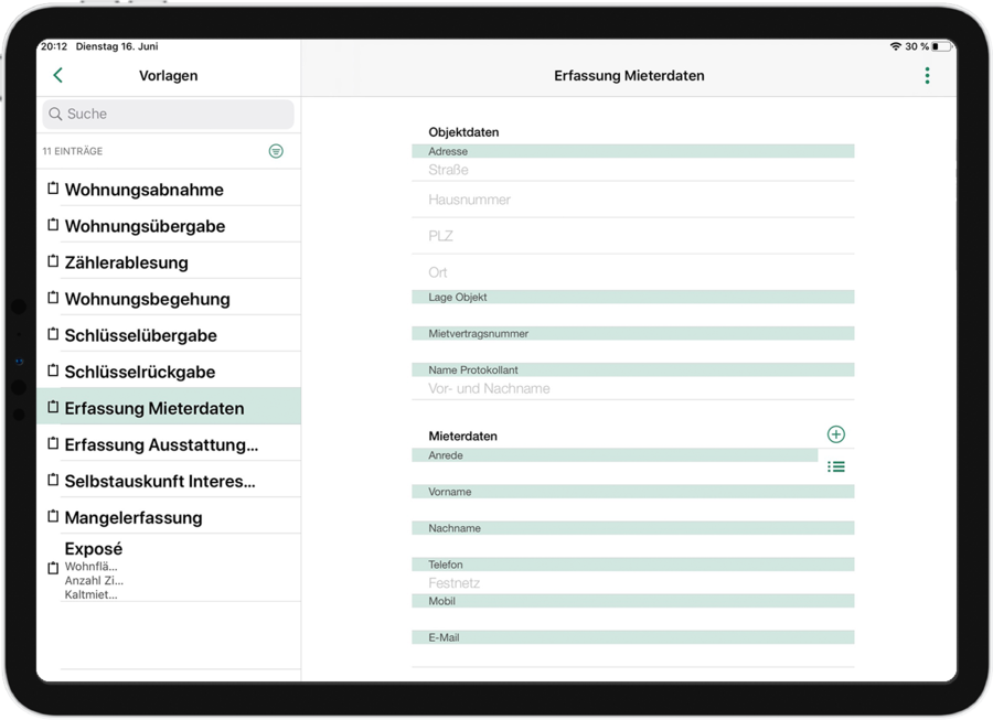 Formularvorlagen für ungeplante Prozesse in der Professional App