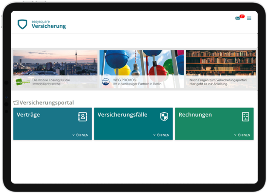 Die Oberfläche des Versicherungsportals wird in einem modernen und übersichtlichen Kacheldesign dargestellt und kann an das Corporate Design des Unternehmens angepasst werden.