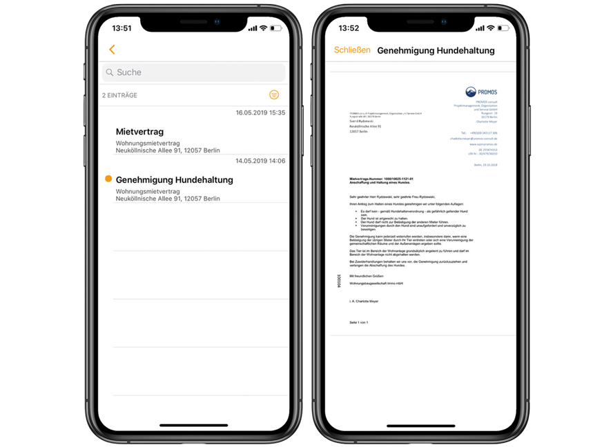 Papierlose Dokumentenzustellung in der Mieter-App von easysquare